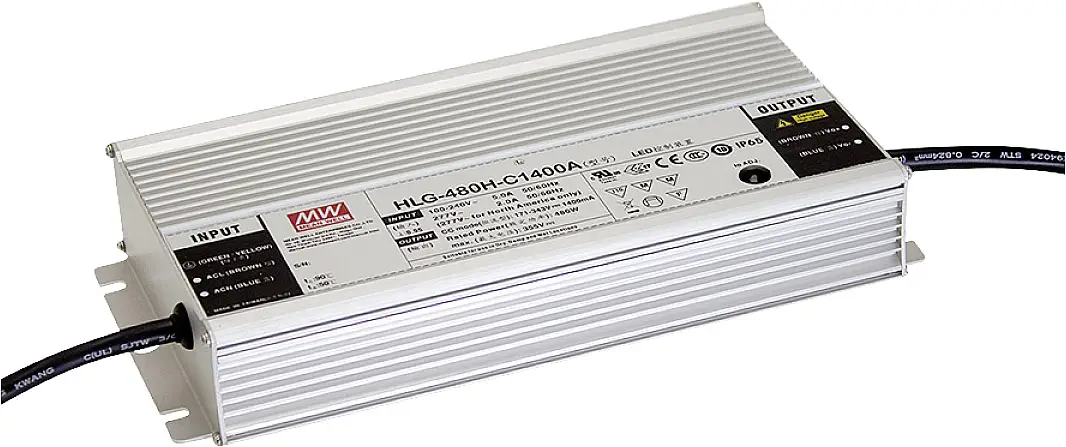 Драйвер для світлодіодів MEAN WELL HLG-480H-C1400A, постійний струм, 480 Вт, 700 - 1400 мА, 171 - 343 В/DC, регульований, не дімує