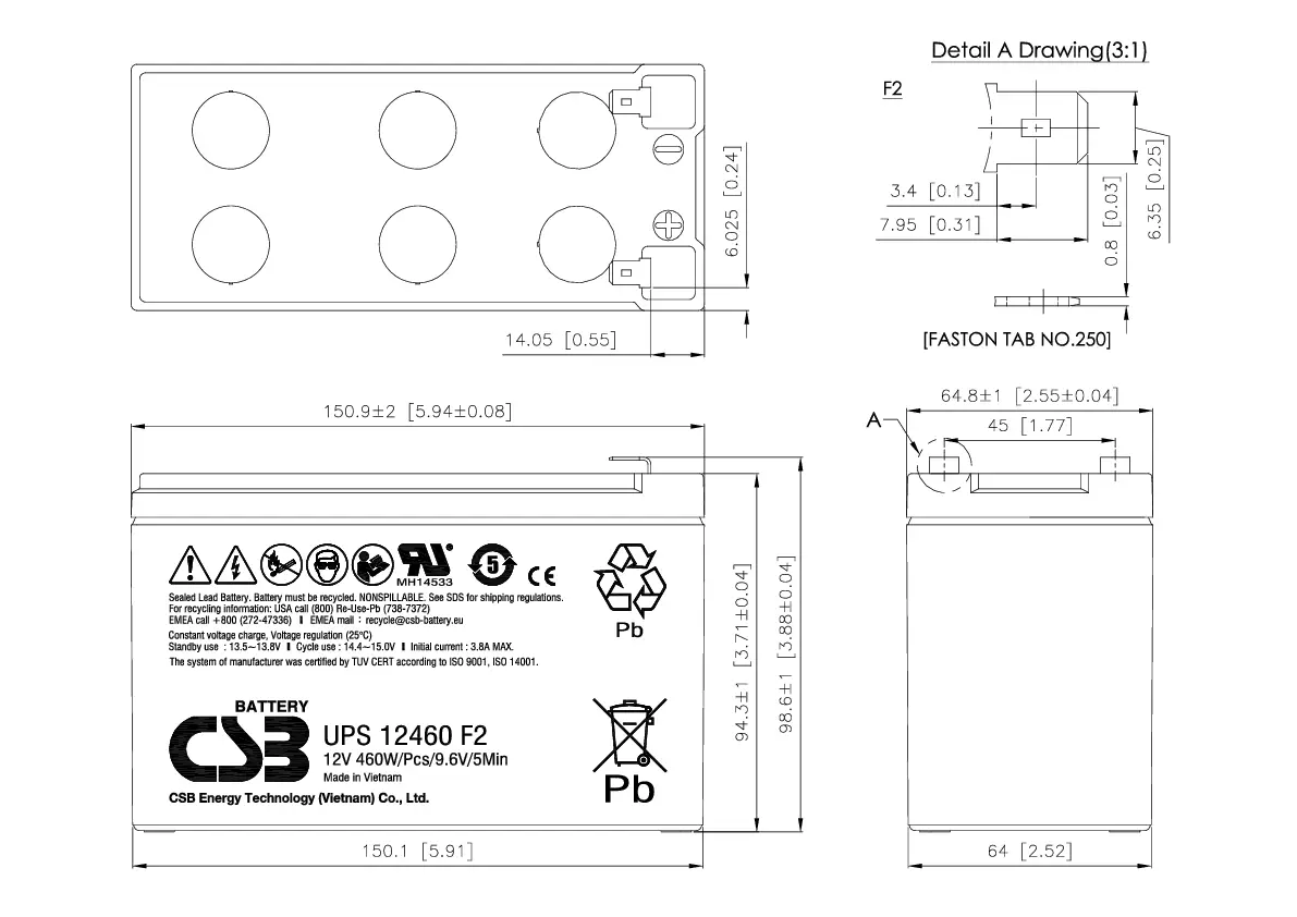CSB Battery UPS 12460 высокотоковая свинцовая батарея UPS12460F2, AGM, 12 В, 9,6 Ач