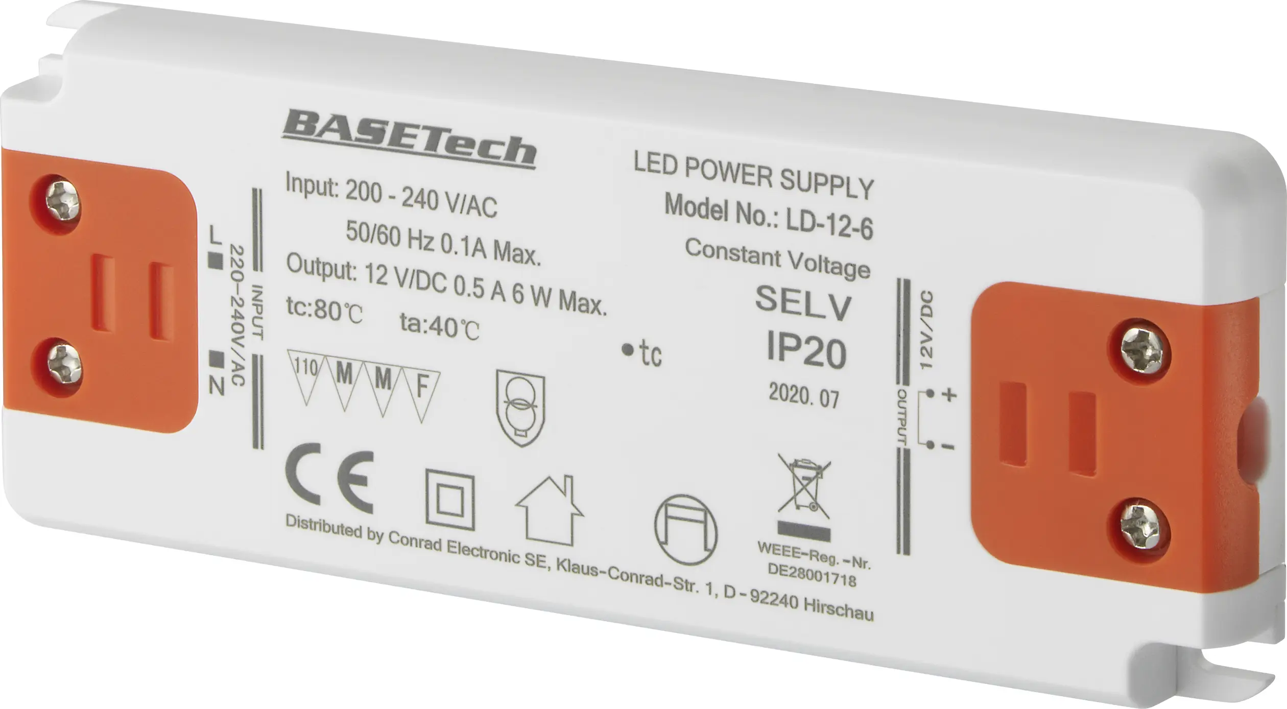 Світлодіодний трансформатор постійної напруги Basetech LD-12-6 6 Вт 0,5 A Підходить для використання в меблях, Захист від перенапр