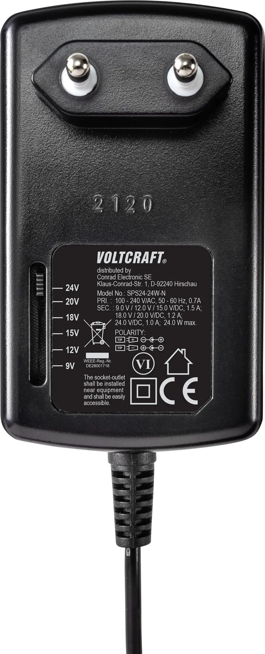 Блок питания подключаемый, регулируемый VOLTCRAFT SPS24-24W-N 1,5 А 24 Вт