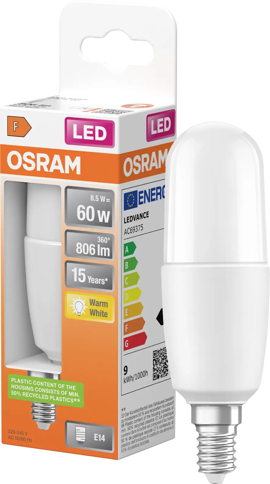 Світлодіодна лампа OSRAM HOMELIGHTING 4058075428362 E14 8 Вт = 60 Вт 806 лм теплий білий 1 шт.