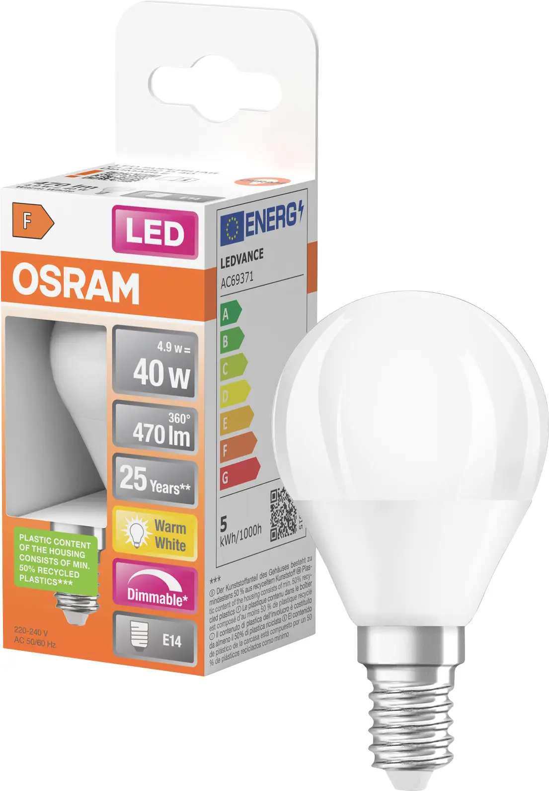 Світлодіодна лампа OSRAM HOMELIGHTING 4058075430938 E14 4,9 Вт = 40 Вт 470 лм теплий білий 1 шт.