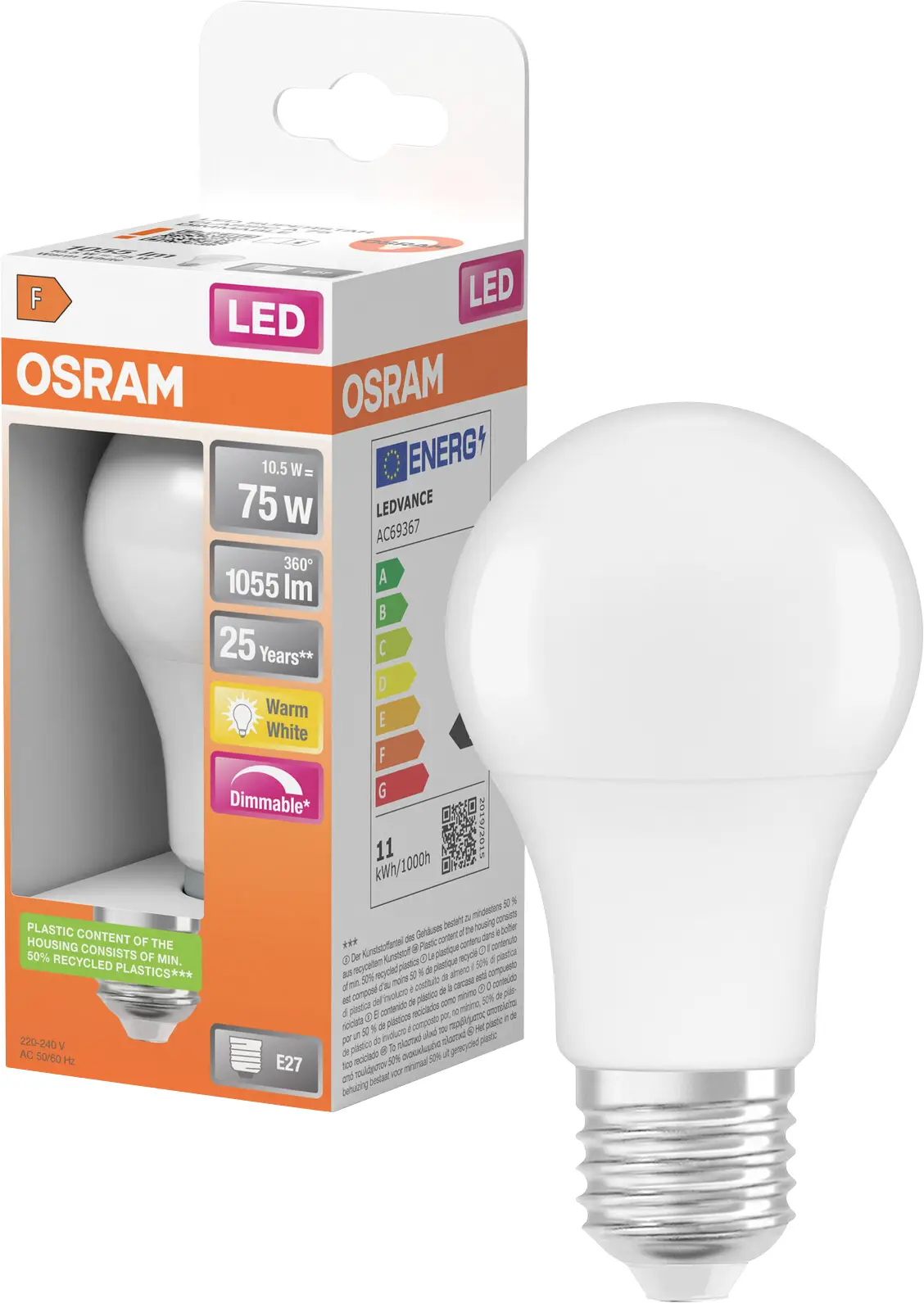 Світлодіодна лампа OSRAM HOMELIGHTING 4058075433809 E-27 10,5 Вт = 75 Вт 1055 лм теплий білий 1 шт.