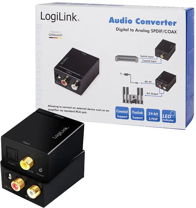 Аудиоадаптер LogiLink LogiLink - Цифро-аналоговый аудиоадаптер CA0100, Toslink/оптический, RCA/Cinch, 0 м