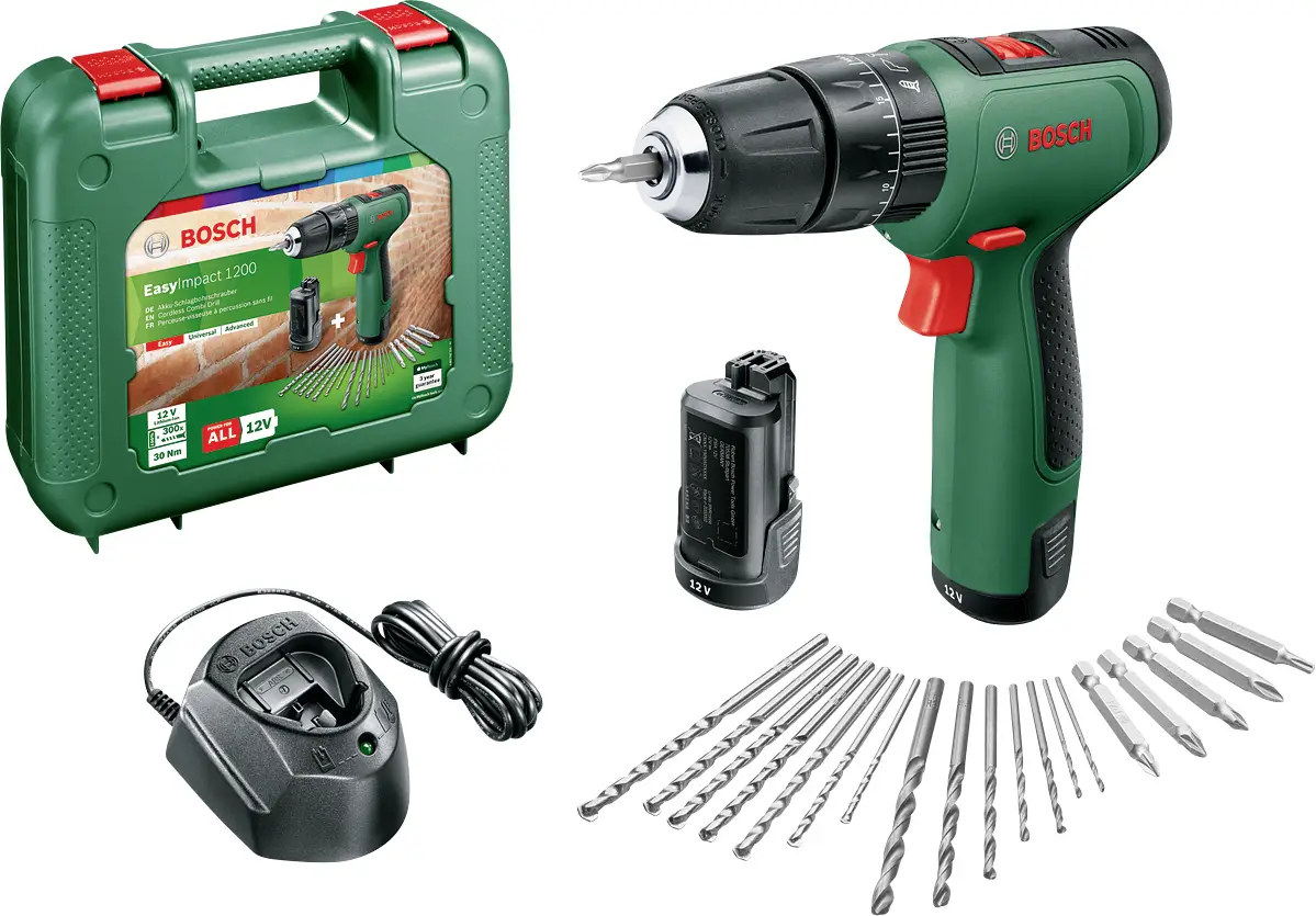 Bosch Home and Garden; EasyImpact 1200; 2-швидкісний акумуляторний ударний дриль; вкл. 2 акумулятори, вкл. аксесуари, вкл. кейс