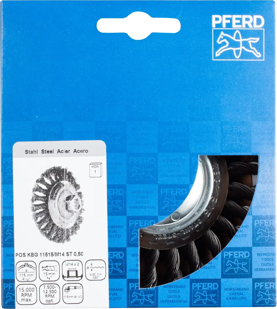 Угловая щетка PFERD TOOLS KBG с узловатым ворсом, Ø 115 x 15 мм, стальная проволока M14 Ø 0.50, для угловых шлифовальных машин POS