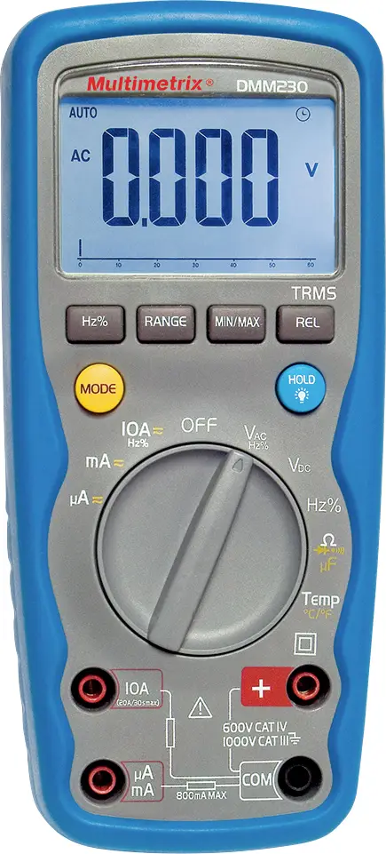 Цифровой мультиметр Multimetrix DMM 230, класс защиты IP67 CAT III 1000 В, CAT IV 600 В. Отображаемые значения: 6000