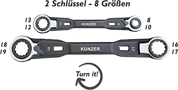 Набор гаечных ключей с трещоткой Kunzer 7RRS02, 4 шт. Размер гаечного ключа (метрический) (только для заголовка) 8–19 мм