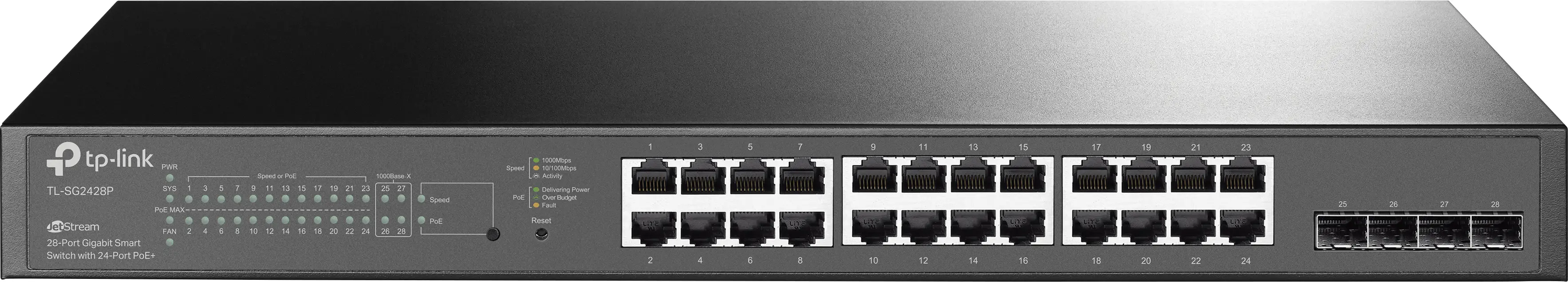 Сетевой коммутатор TP-LINK TL-SG2428P JetStream TL-SG2428P, 24+4 порта, поддержка PoE 10 / 100 / 1000 Мбит/с.
