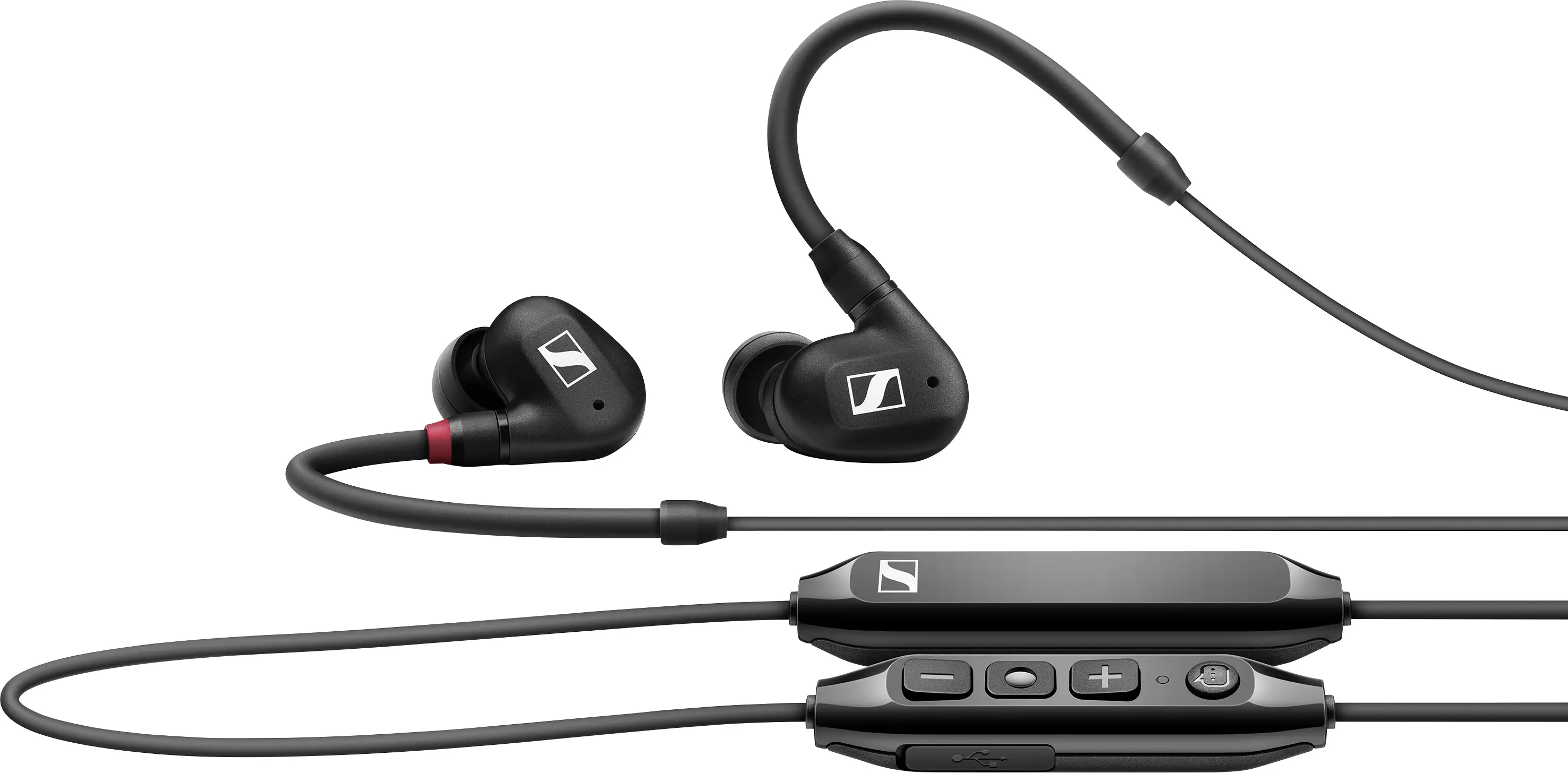 Беспроводные внутриканальные наушники Sennheiser IE 100 PRO черного цвета, с черным кабелем.