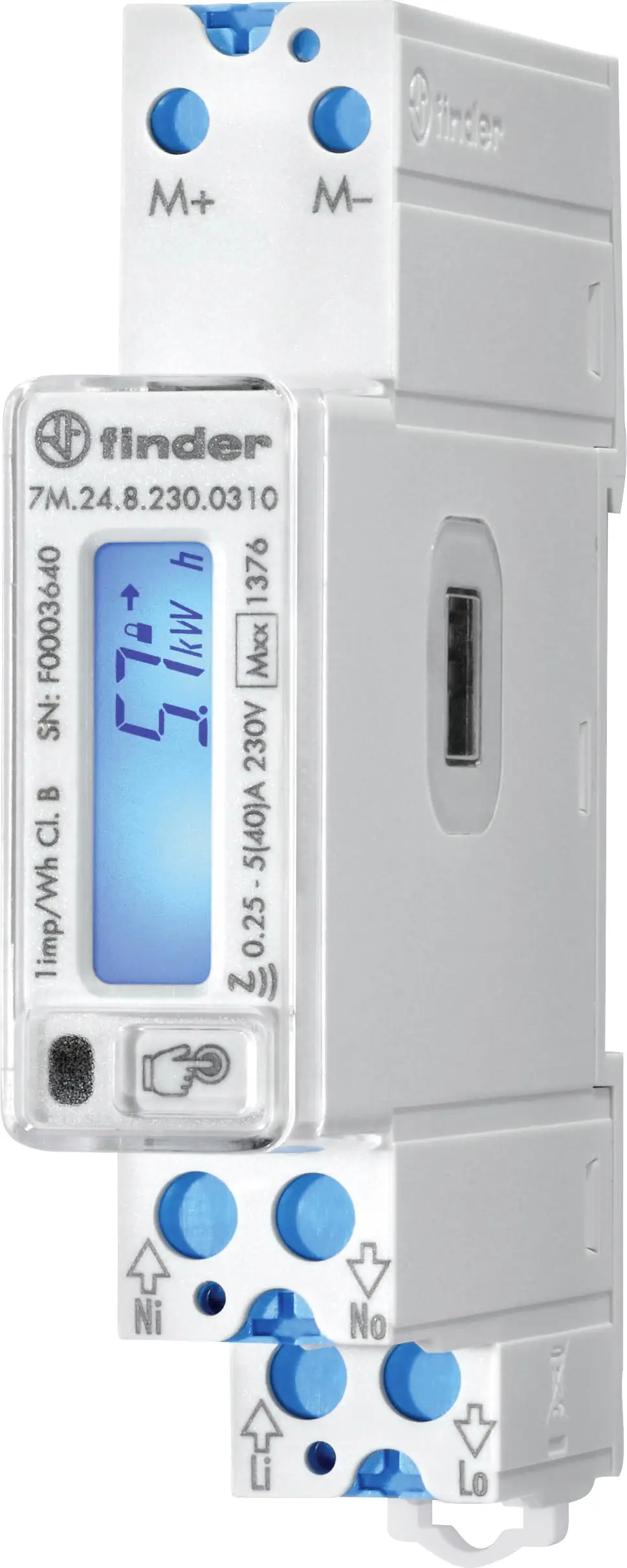 Finder 7M.24.8.230.0310 7M.24.8.230.0310 Двонаправлений цифровий лічильник на DIN-рейку 40 A Сертифікація MID: так 1 шт.