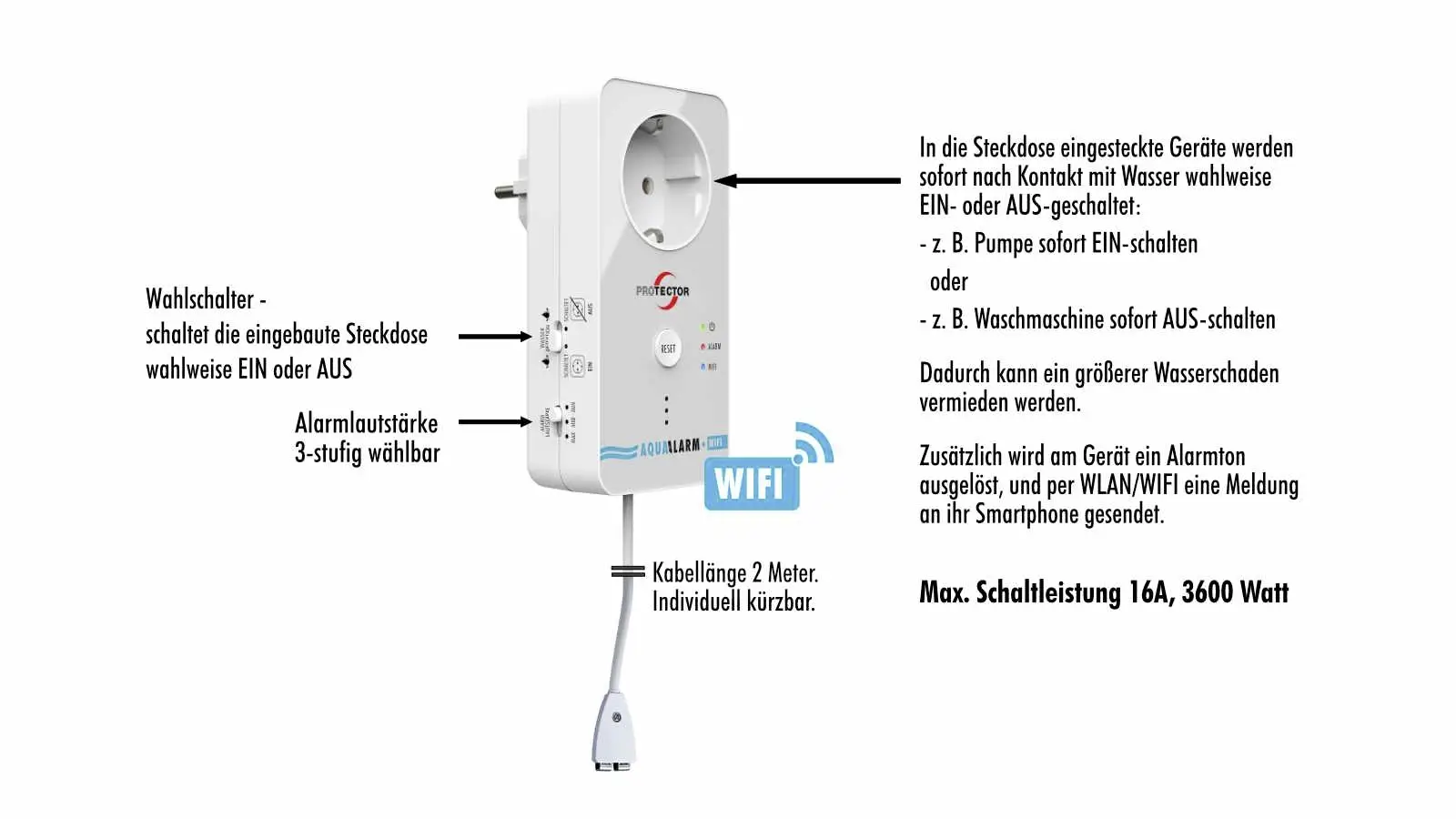 Protector 15021 WA-11 Датчик воды с передачей сигнала тревоги по WIFI с внешним датчиком от электросети