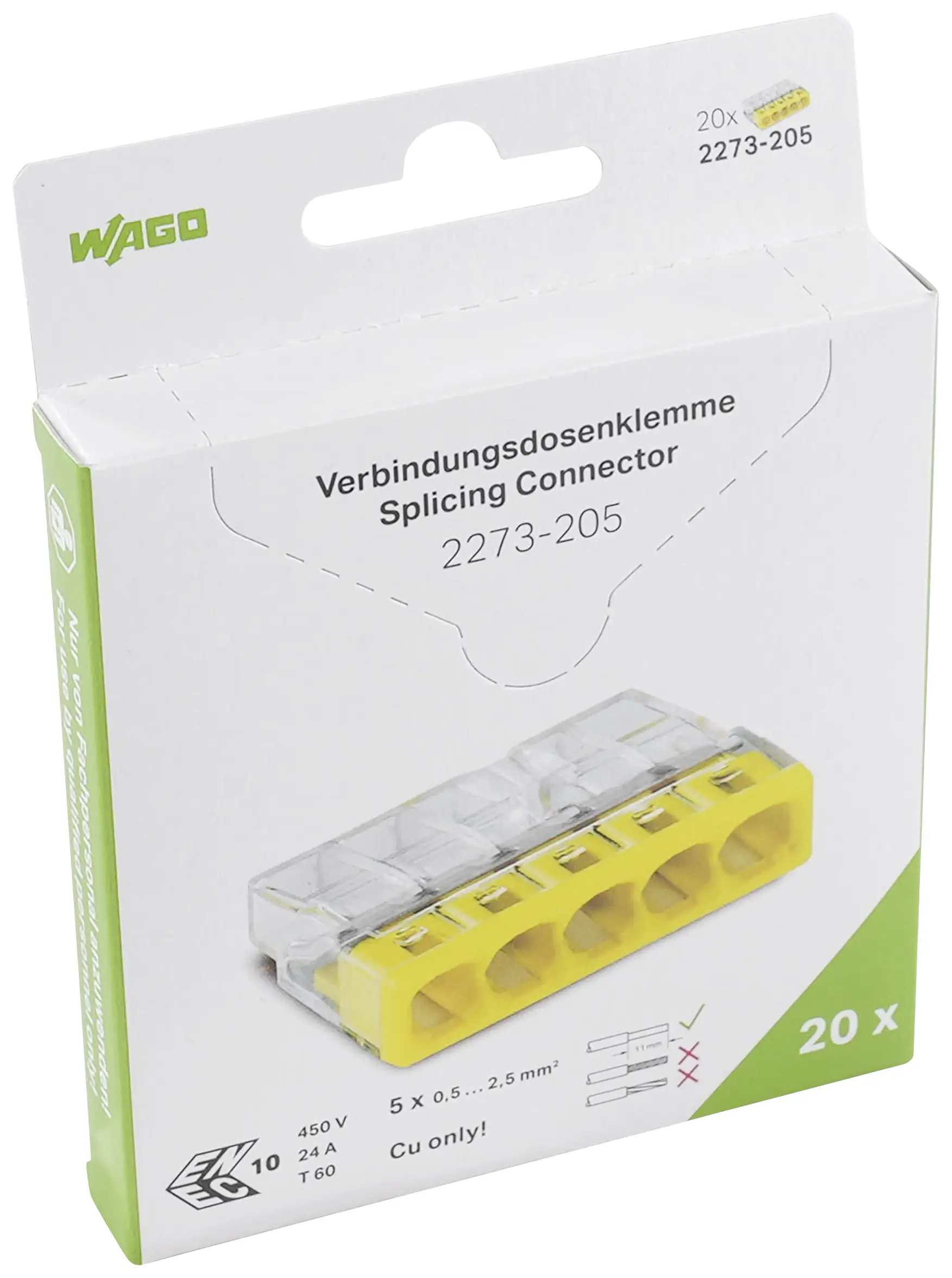 Соединитель для коробки скрытого монтажа WAGO 2273 2273-205, PIN: 5, 450 В, 24 А, 20 шт.