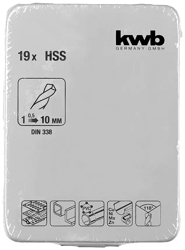 Набір свердел по металу HSS з швидкорізальною сталлю kwb 421944, 19 шт.: 1 мм, 1,5 мм, 2 мм, 2,5 мм, 3 мм, 3,5 мм, 4 мм, 4,5 мм, 5