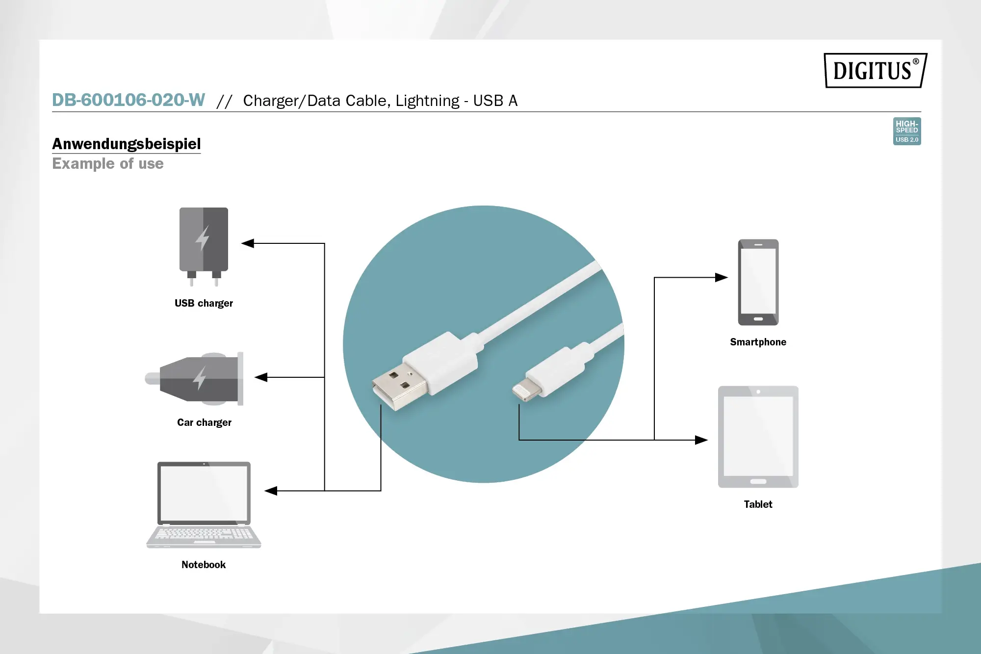 Зарядний кабель Digitus DB-600106-020-W DB-600106-020-W, USB-A, Apple Lightning, 2 м