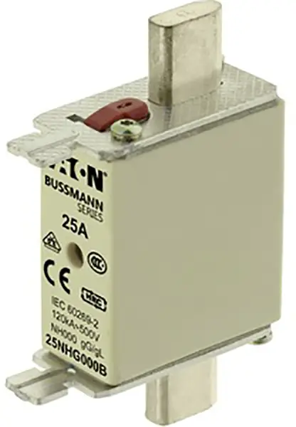 Запобіжник Eaton 25NHG000B NH з механічним індикатором стану. Сумісні запобіжники розміру 000 - 4. Розмір запобіжника = 000. 25 A