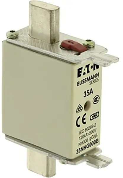 Запобіжник Eaton 35NHG000B NH з механічним індикатором стану. Сумісні запобіжники розміру 000 - 4. Розмір запобіжника = 000. 35 A