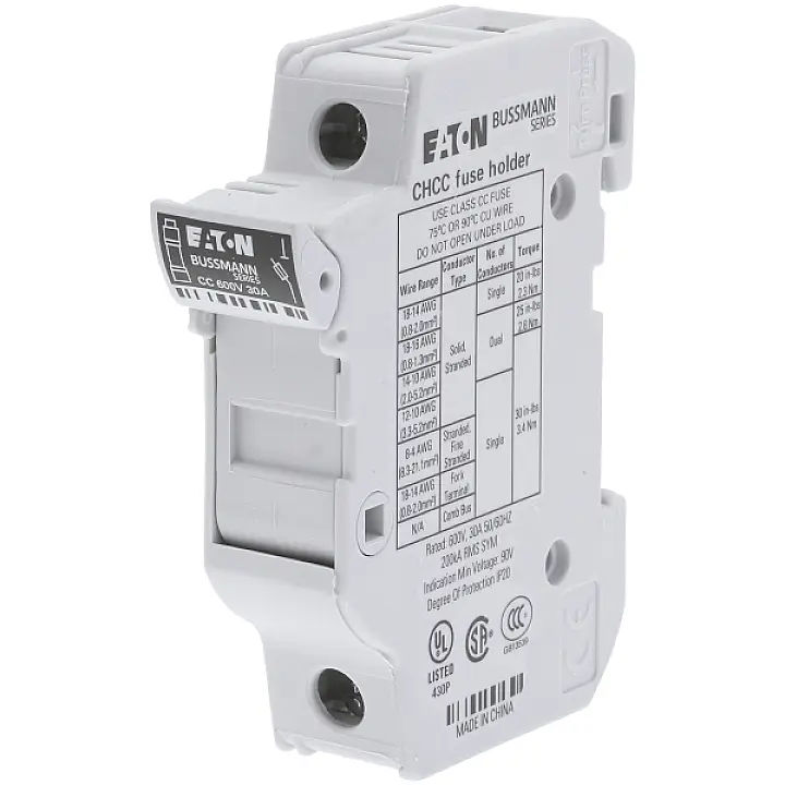 Держатель предохранителя Eaton CHCC1DU, 1 фаза, совместимые предохранители 10,3 x 38 мм, 1 контакт, 30 А, 600 В, 12 шт.