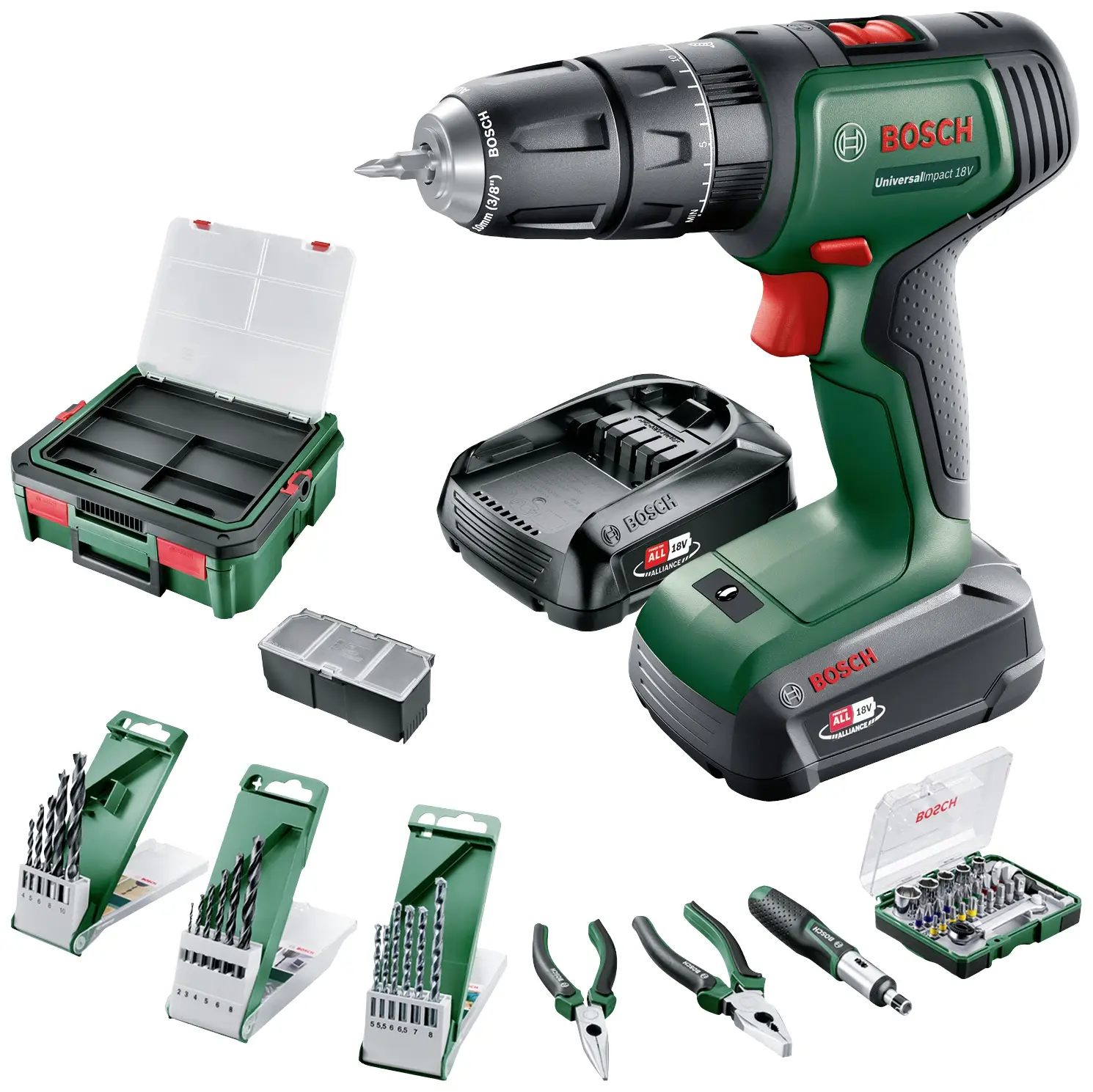 Аккумуляторная ударная дрель Bosch Home and Garden Universal Impact 18V с двумя скоростями, в комплекте зарядное устройство и кейс