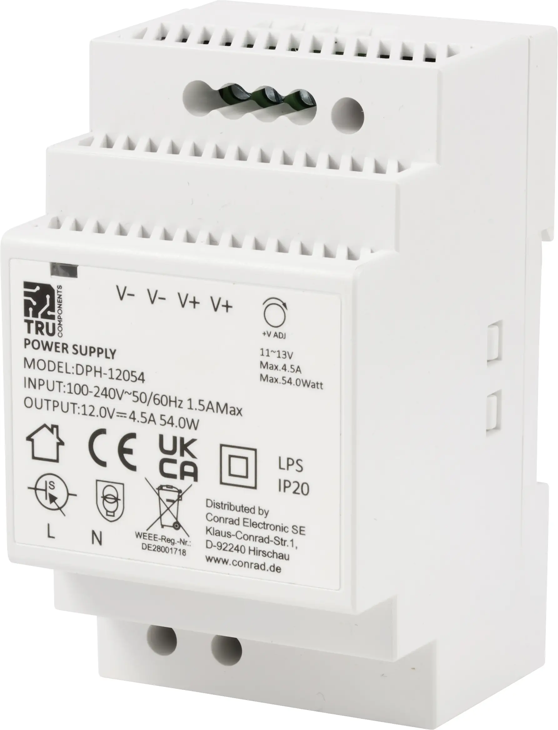 Блок питания TRU COMPONENTS TC-10580816 для DIN-рейки, 12 В/постоянный ток, 4,5 А, 54 Вт. Количество выходов: 1. Описание: 1 шт.