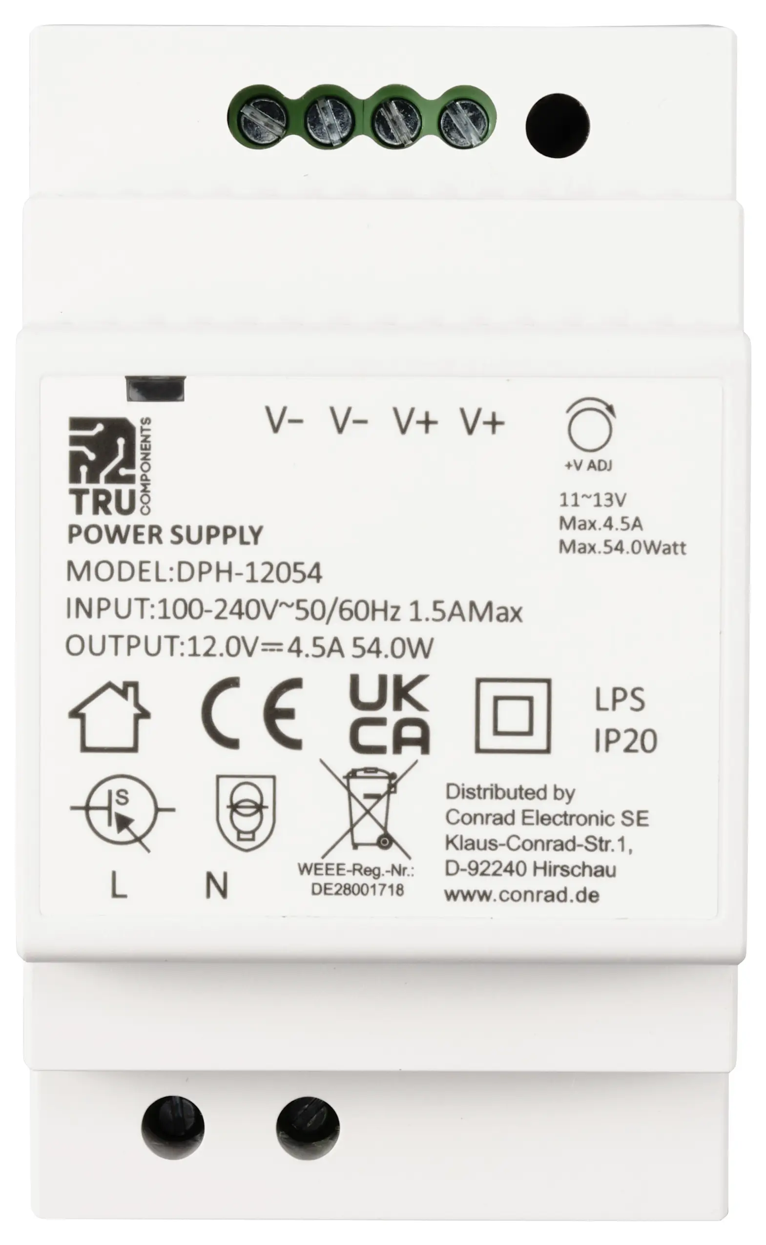 Блок питания TRU COMPONENTS TC-10580816 для DIN-рейки, 12 В/постоянный ток, 4,5 А, 54 Вт. Количество выходов: 1. Описание: 1 шт.