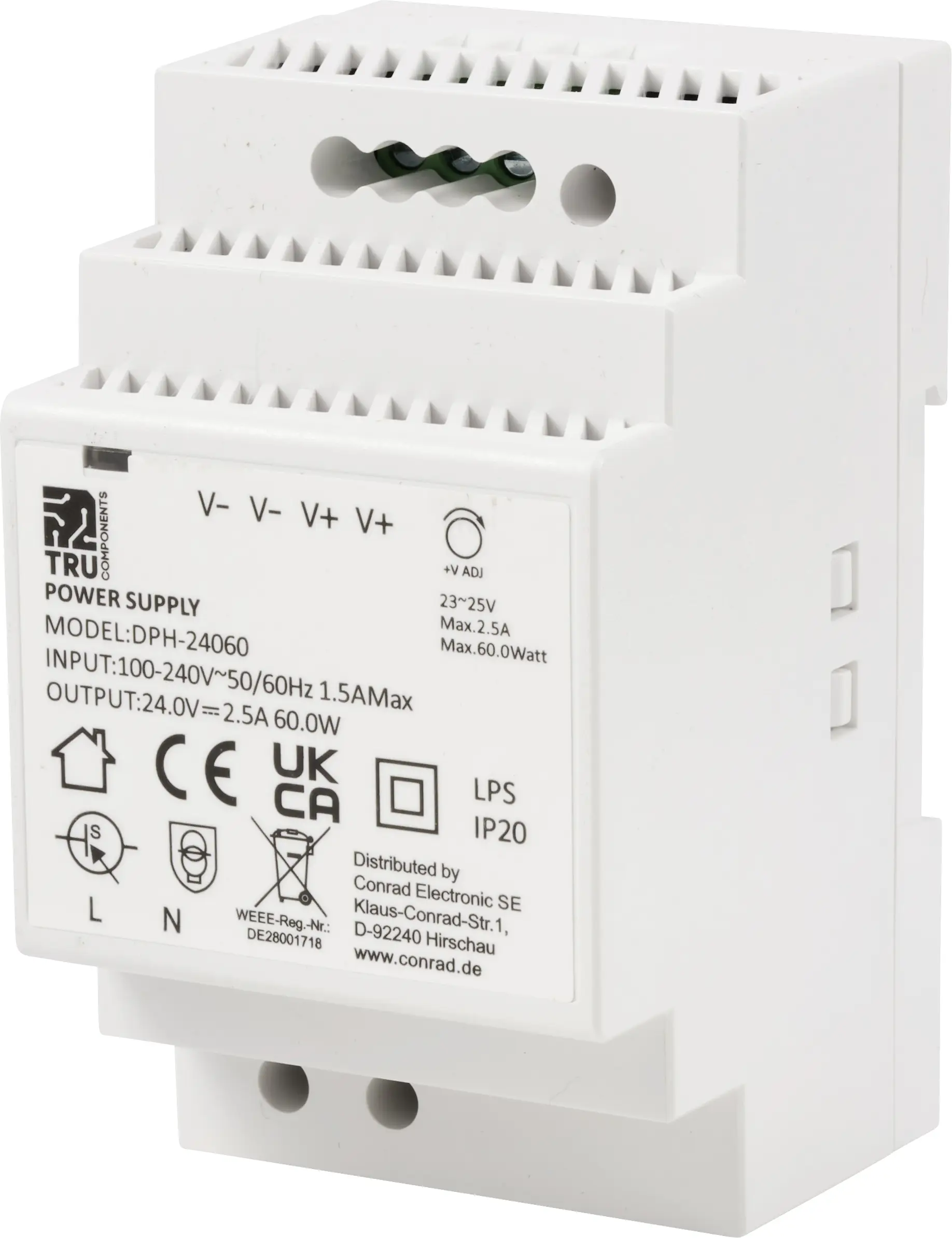 Блок питания TRU COMPONENTS TC-10580820 для DIN-рейки, 24 В/постоянный ток, 2,5 А, 60 Вт. Количество выходов: 1. Описание: 1 шт.