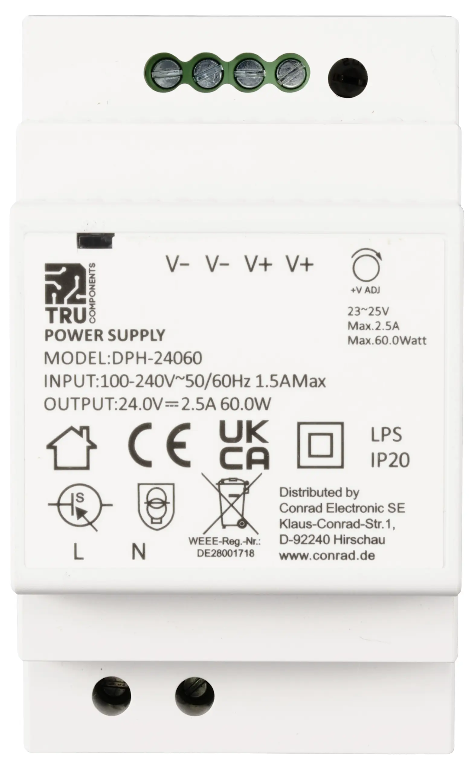 Блок питания TRU COMPONENTS TC-10580820 для DIN-рейки, 24 В/постоянный ток, 2,5 А, 60 Вт. Количество выходов: 1. Описание: 1 шт.
