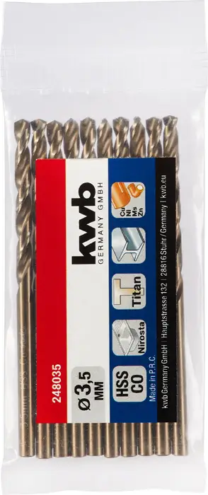Сверло спиральное kwb 248035 HSS-Co, 1 шт., 3,5 мм, общая длина 70 мм, прямой хвостовик M35 DIN 338, 1 шт.