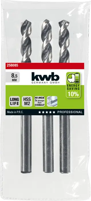 Сверло спиральное kwb 258085 HSS, 1 шт., 8,5 мм, общая длина 117 мм, прямой хвостовик M2 DIN 338, 1 шт.