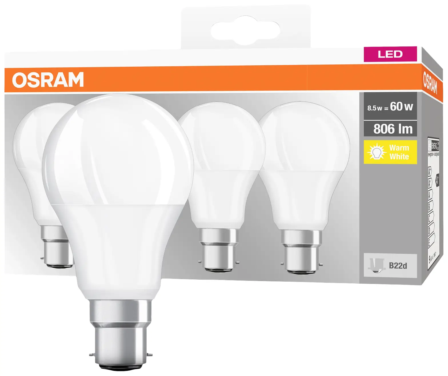 Світлодіодна лампа OSRAM HOMELIGHTING 4058075819511 B22d 8,5 Вт = 60 Вт 806 лм теплий білий 4 шт.