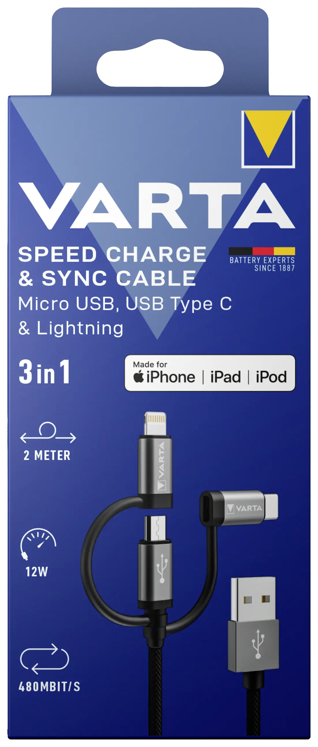 USB-кабель Varta USB-A чоловічий роз'єм, USB Micro-B чоловічий роз'єм, USB-C® чоловічий роз'єм, Lightning чоловічий роз'єм 2.00 м