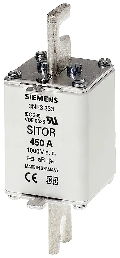 Предохранитель Siemens 3NE3227 с механическим индикатором состояния. Совместимые предохранители типоразмеров 000 - 4. Типоразмер п