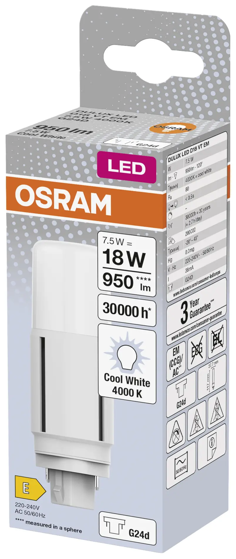 Светодиодная лампа OSRAM HOMELIGHTING 4058075824553 G24d - 7,5 Вт = 18 Вт, белая, 1 шт.