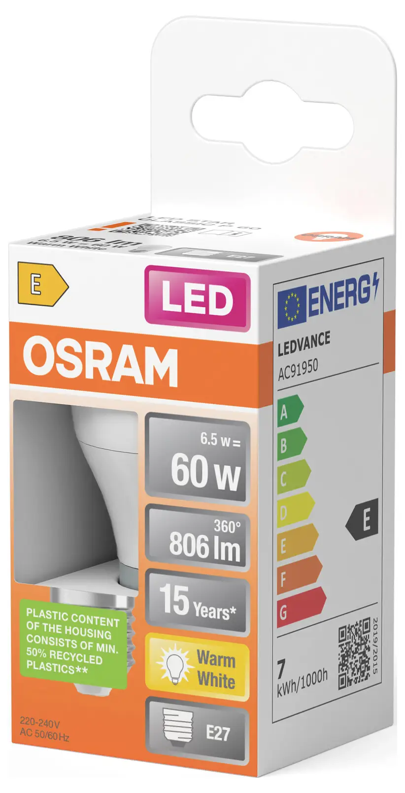 Світлодіодна лампа OSRAM HOMELIGHTING 4099854021985 E-27 7 Вт = 60 Вт 806 лм теплий білий 1 шт.