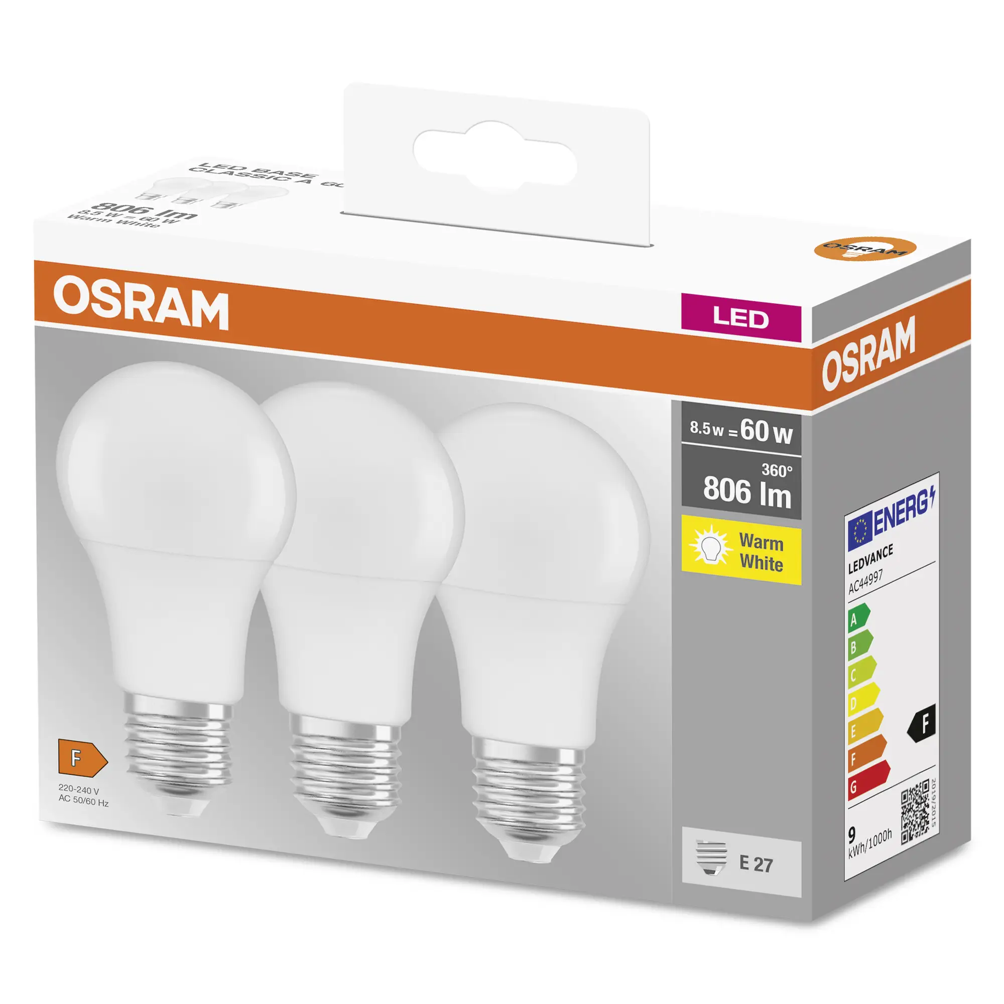 Світлодіодна лампа OSRAM HOMELIGHTING 4099854046797 E-27 8,5 Вт = 60 Вт 806 лм теплий білий 3 шт.