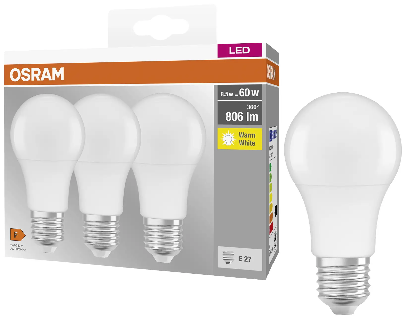 Світлодіодна лампа OSRAM HOMELIGHTING 4099854046797 E-27 8,5 Вт = 60 Вт 806 лм теплий білий 3 шт.