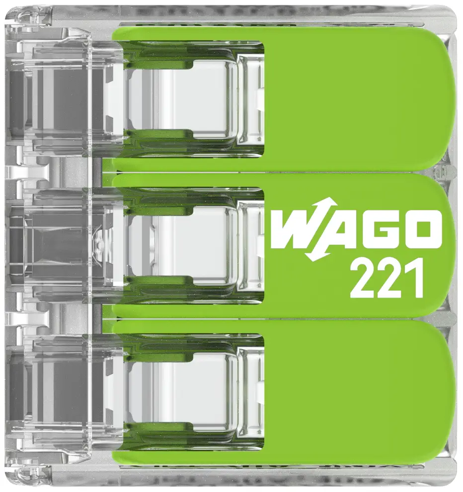 WAGO 221-423 221 Обжимной соединитель, гибкий: 0,14-4 мм², сплошной: 0,2-4 мм². Количество контактов: 3. 50 шт., прозрачный, зелен