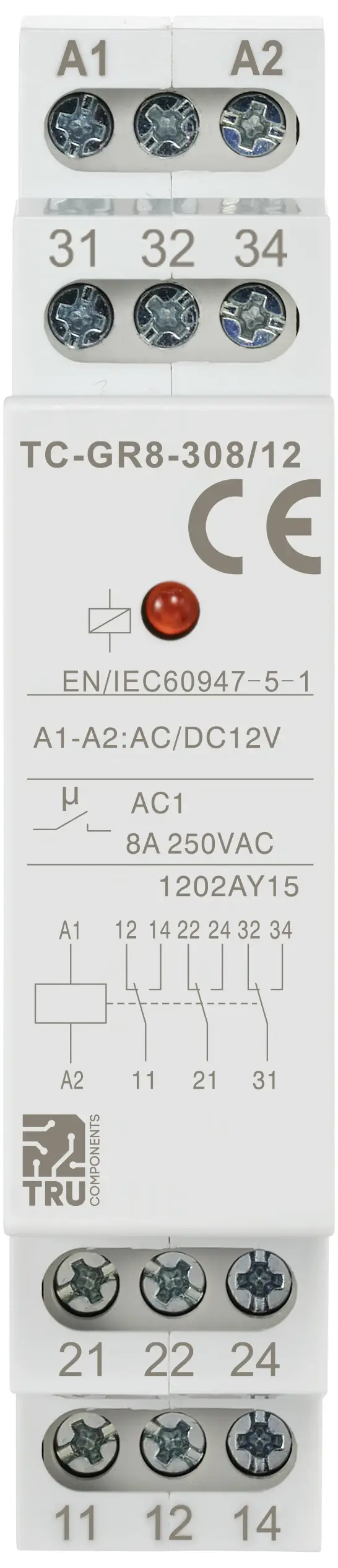 Вспомогательный переключатель TRU COMPONENTS TC-GR8-308/12 TC-11988856, 12 В/переменного тока, 12 В/постоянного тока, 8 А, 1 шт.