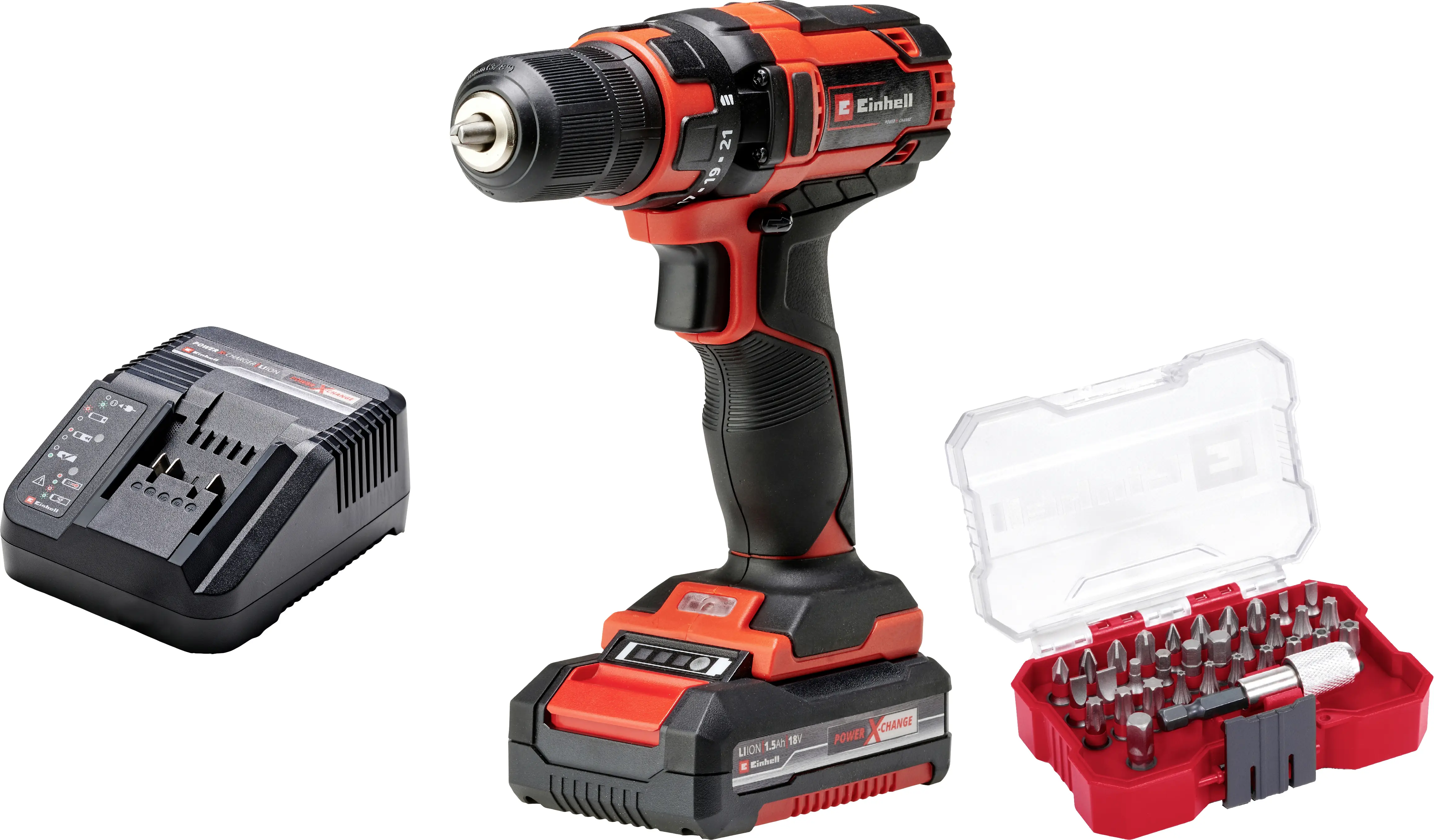 Акумуляторний дриль-шуруповерт Einhell TC-CD 18/35 Li 2476743+2936796 18 В 1,5 Аг, включаючи зарядний пристрій, набір з 32 предмет