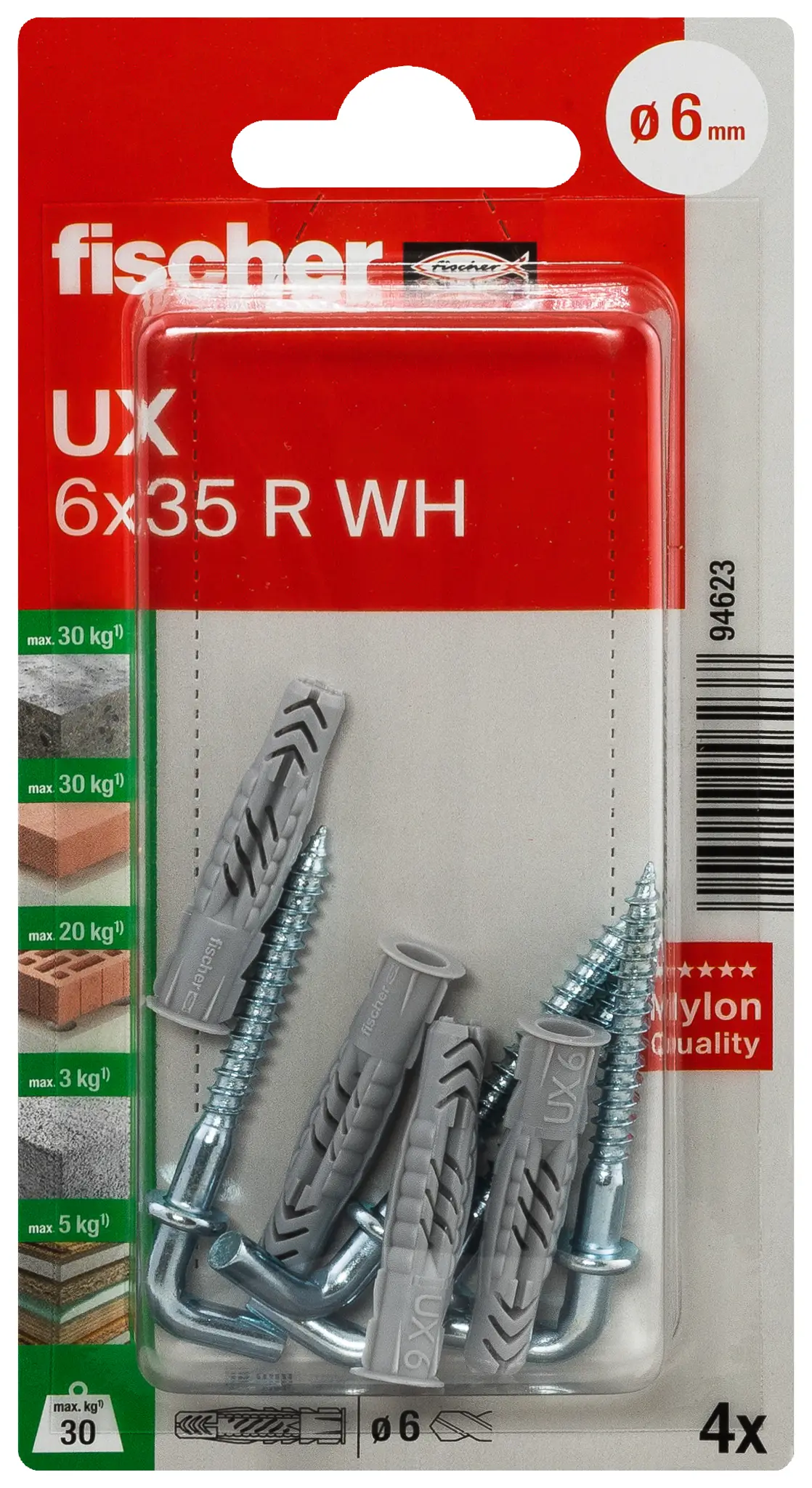 Fischer 094623 UX 6 x 35 R WH K NV Універсальний дюбель 35 мм 1 комплект