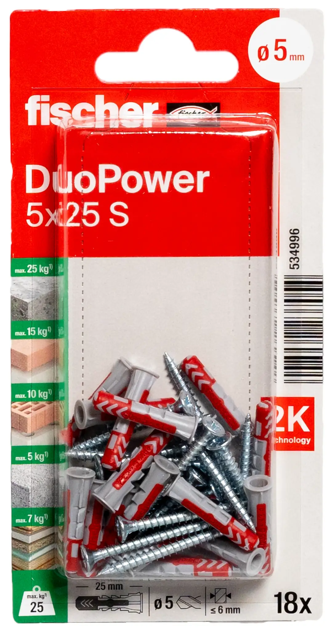Fischer 534996 DuoPower 5 x 25 S K NV Набор штифтов 25 мм 5 мм 1 комплект