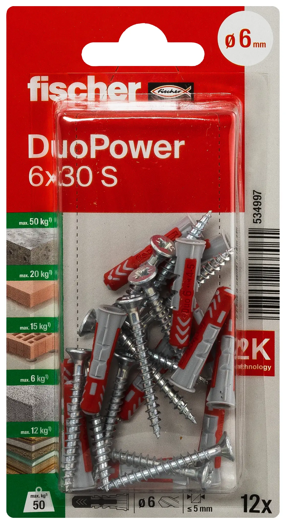 Набор дюбелей Fischer 534997 DuoPower 6 x 30 S K NV 30 мм 6 мм, 1 комплект