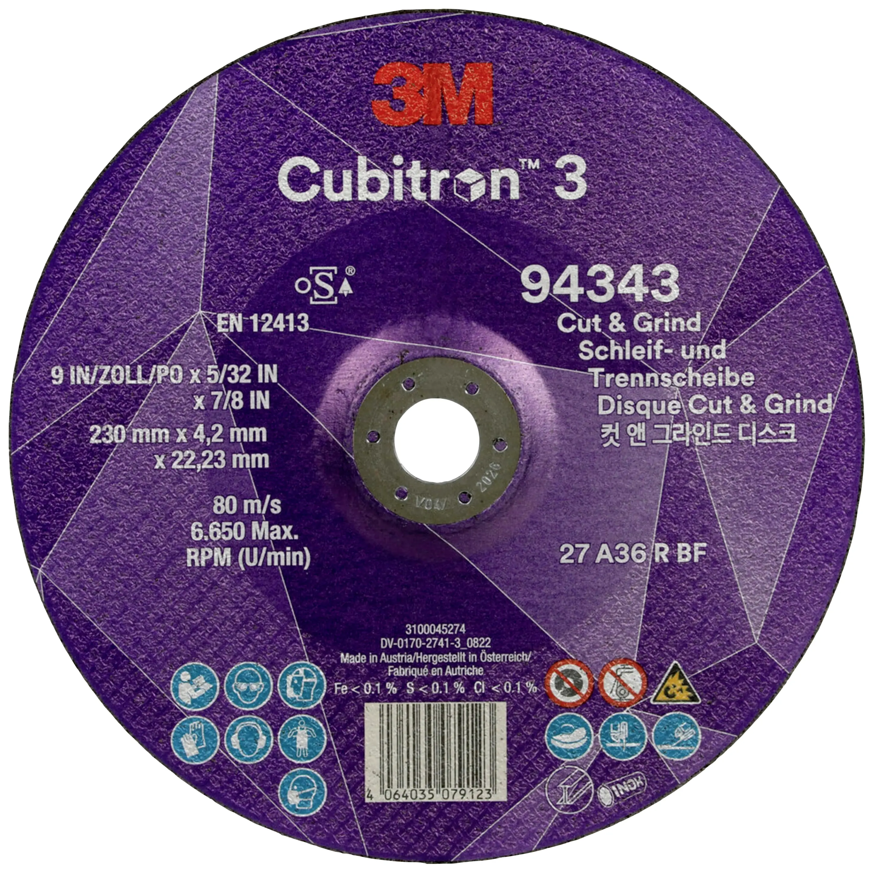 Шліфувальний диск Cubitron 94343 Cubitron™ 3 для різання та шліфування, діаметр 230 мм, діаметр отвору 22,23 мм, 10 шт.