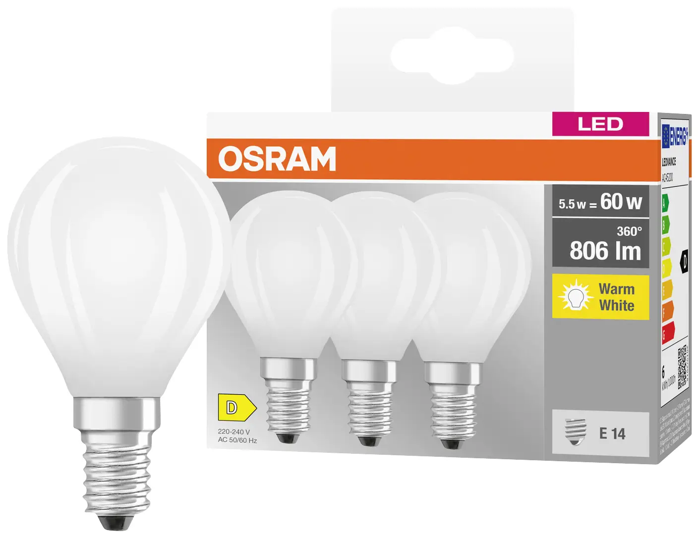 Светодиодная лампа OSRAM HOMELIGHTING 4058075592599 E14 5,5 Вт = 60 Вт теплый белый 3 шт.