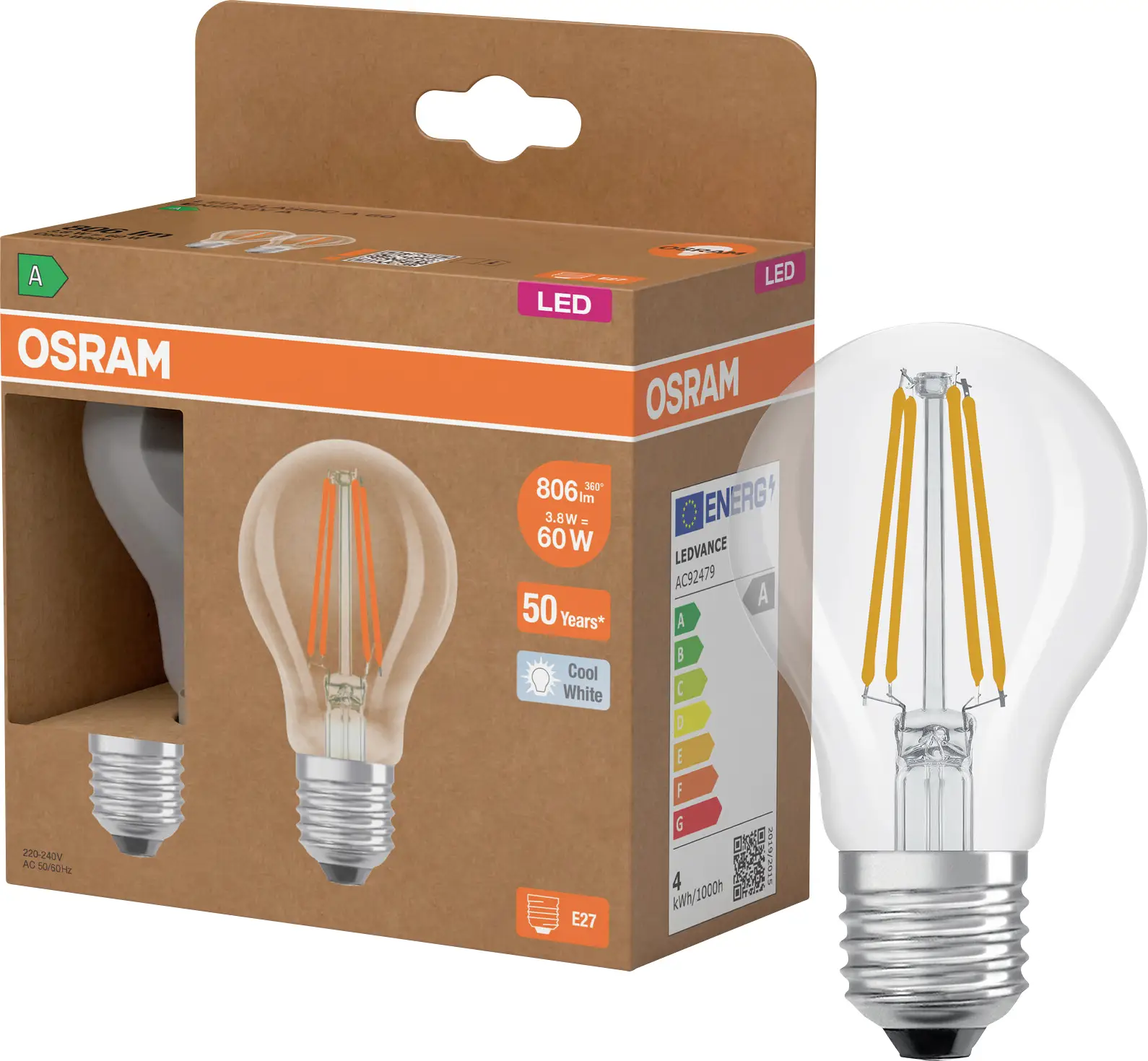 Светодиодная лампа OSRAM HOMELIGHTING 4099854259753 E-27 3,8 Вт = 60 Вт белая 2 шт.