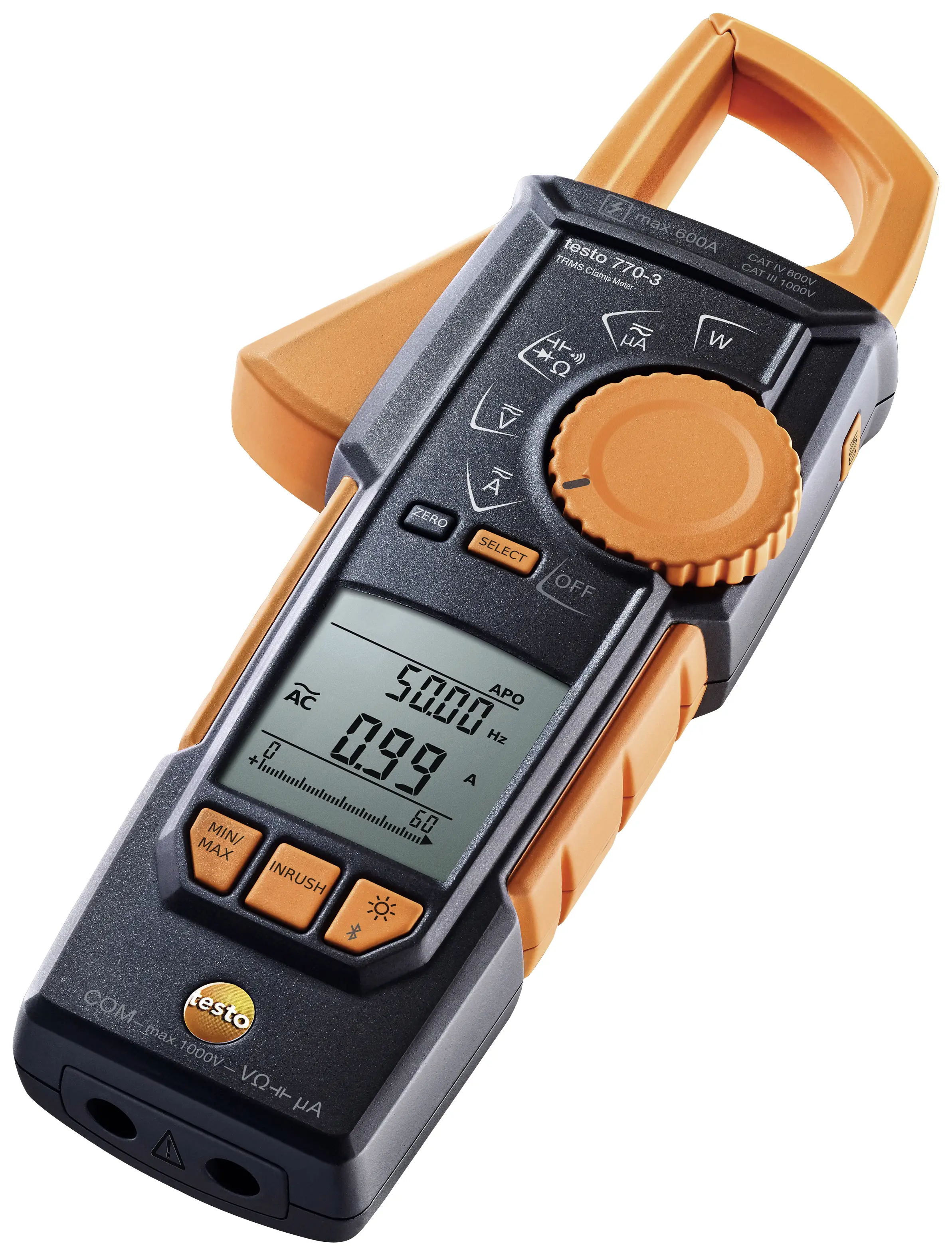 Цифровой клещевой измеритель testo 770-3, класс защиты CAT III 1000 В, класс защиты CAT IV 600 В. Отображаемые значения: 6000.