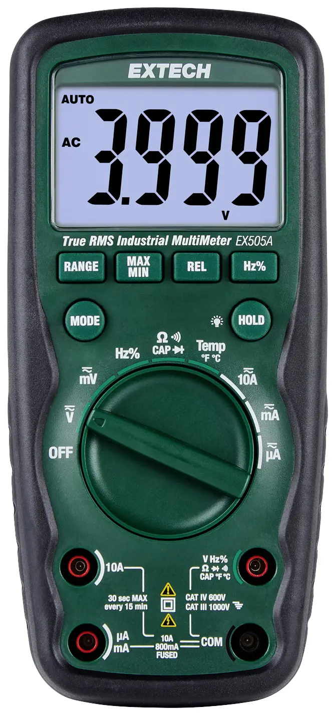 Цифровий мультиметр Extech Extech EX505A-K у футлярі, випробувальний кабель, тестер напруги CAT IV 600 В. Кількість відображень: 6