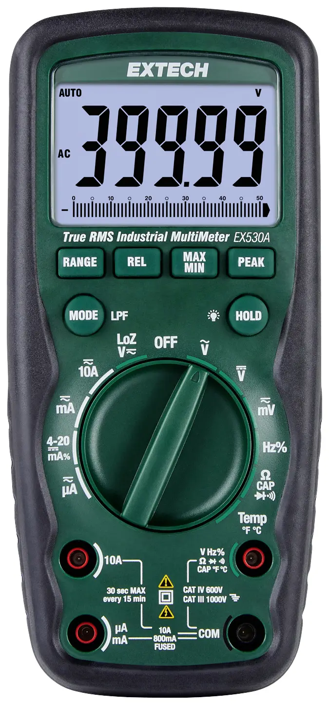 Цифровой мультиметр Extech EX530A, измерение емкости, степень защиты IP67, LoZ, категория CAT IV, напряжение 600 В.