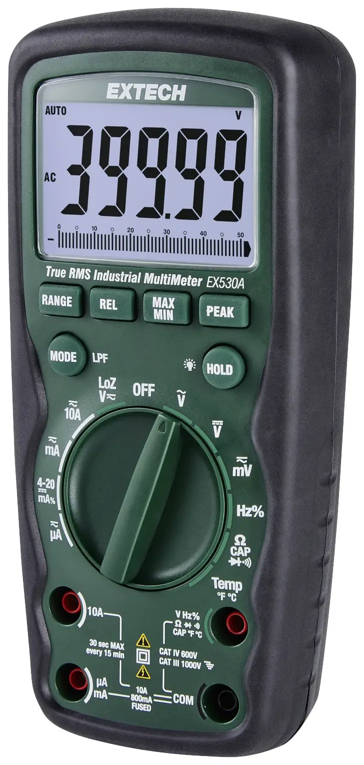 Цифровой мультиметр Extech EX530A, измерение емкости, степень защиты IP67, LoZ, категория CAT IV, напряжение 600 В.
