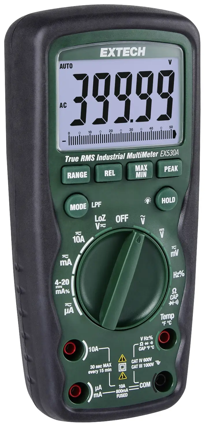 Цифровой мультиметр Extech EX530A, измерение емкости, степень защиты IP67, LoZ, категория CAT IV, напряжение 600 В.